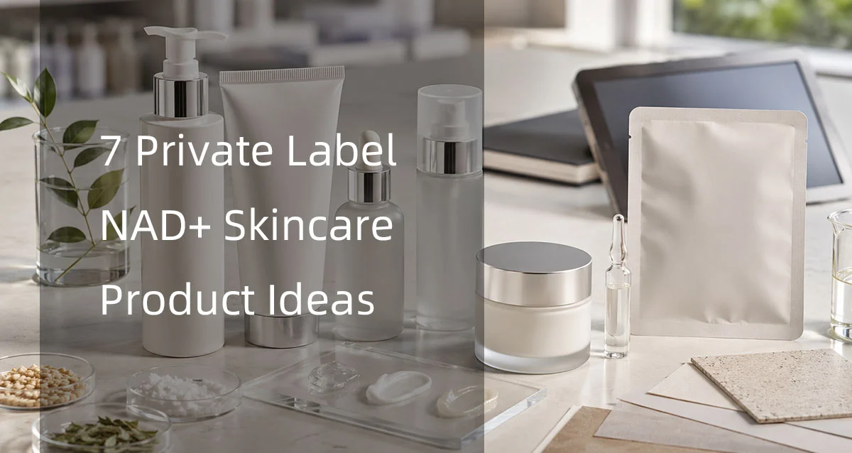 A variety of skincare product packaging, including jars, bottles, and pouches, on a countertop with the text '7 Private Label NAD+ Skincare Product Ideas' overlaying the image.
